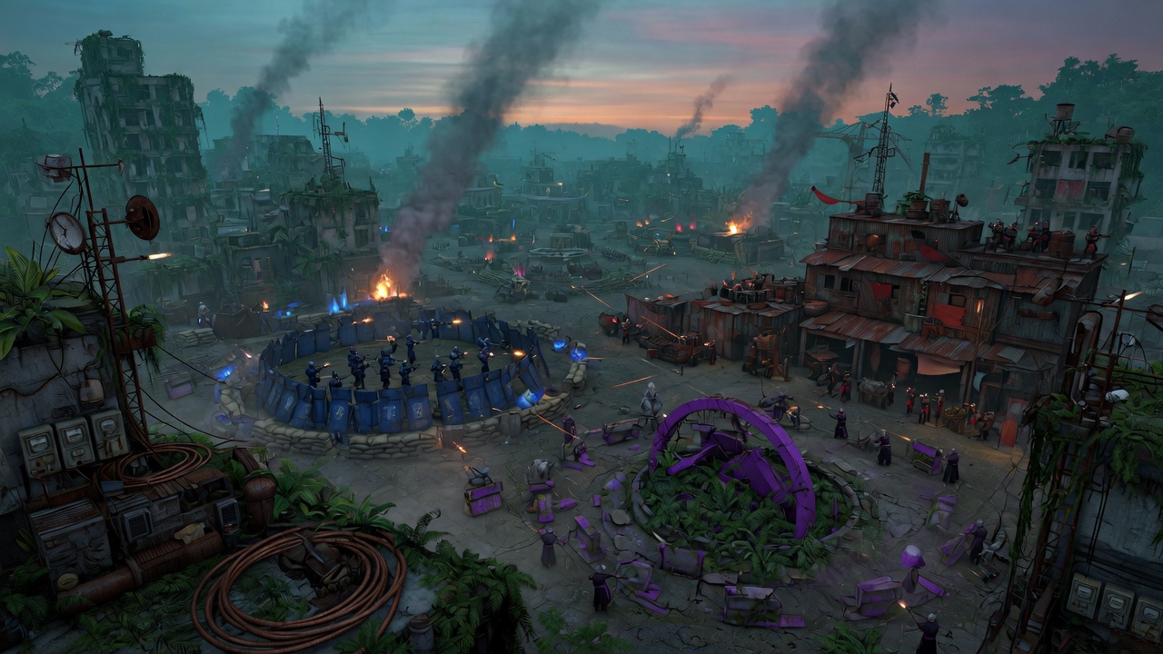 Replaceable generated still of a three-faction war in a dense city.